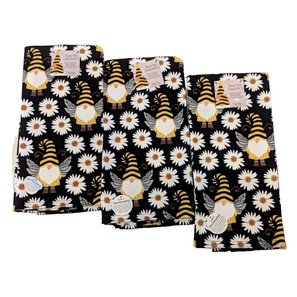 SAVE THE GNOMES Kitchen Towels 3-pc Honey Bee Gnome & Daisy Kay Dee Designs Gift